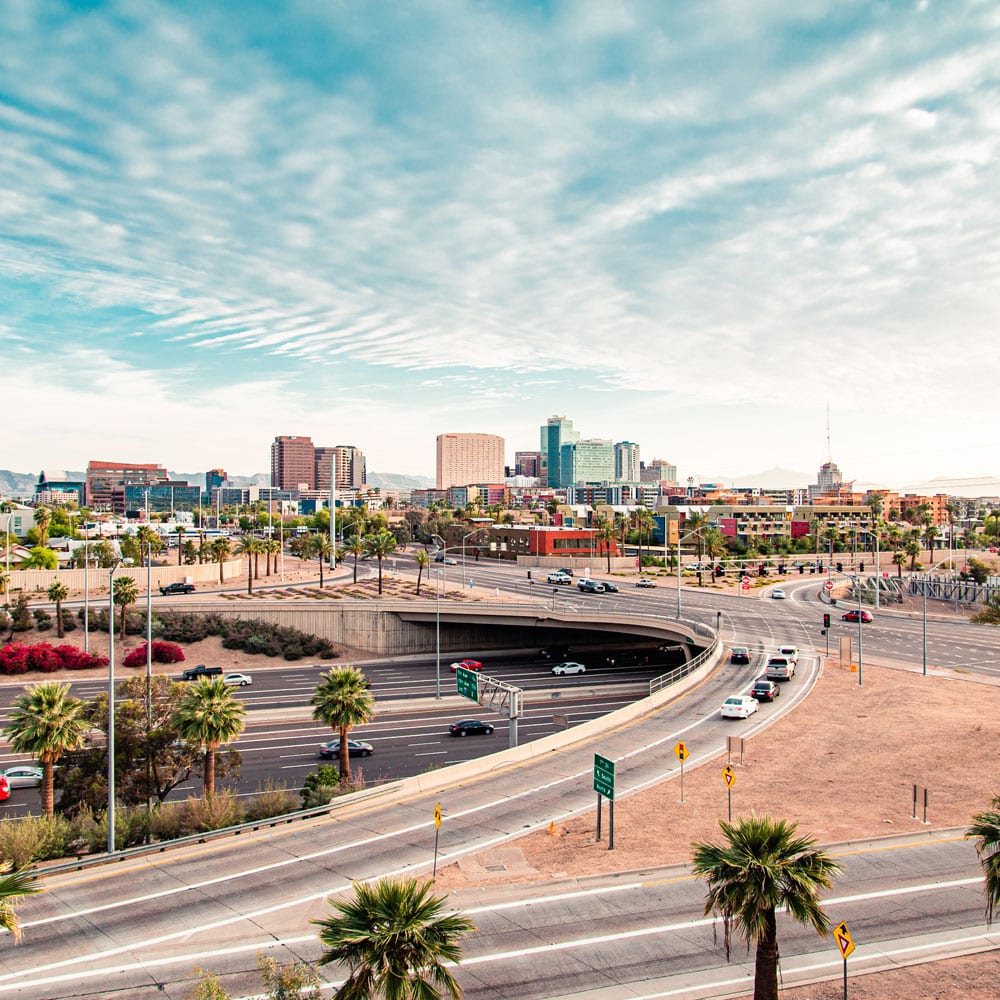 A wide shot of an Arizona city with roadways where Morgan Pavement offers services as an Arizona asphalt company